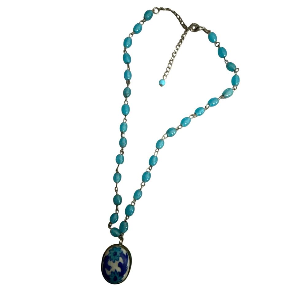 Vintage Porcelain Pendant Necklace with Tarnish